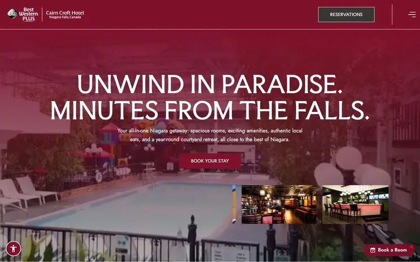 Best Western Plus Cairn Croft homepage, white uppercase headline over a burgundy-tinted indoor pool