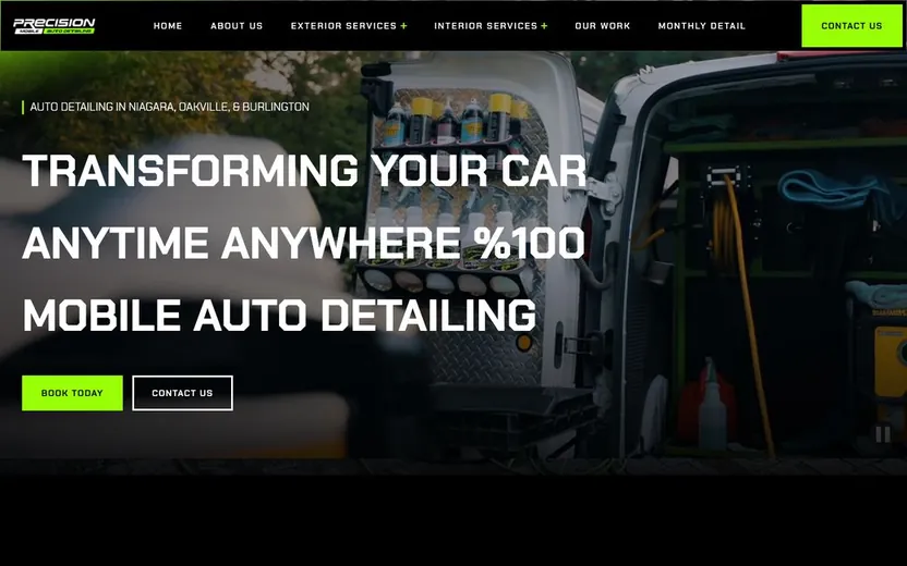 Precision Mobile Auto Detailing homepage, bold white headline over a detailing van