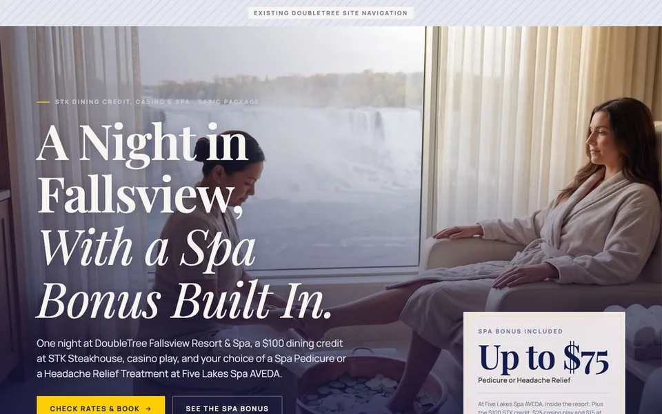 DoubleTree Fallsview spa package page, serif headline over a spa guest looking out at the Falls