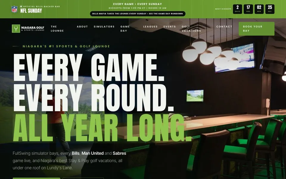 Niagara Golf and Sports Lounge homepage, bold headline over a dark simulator bay