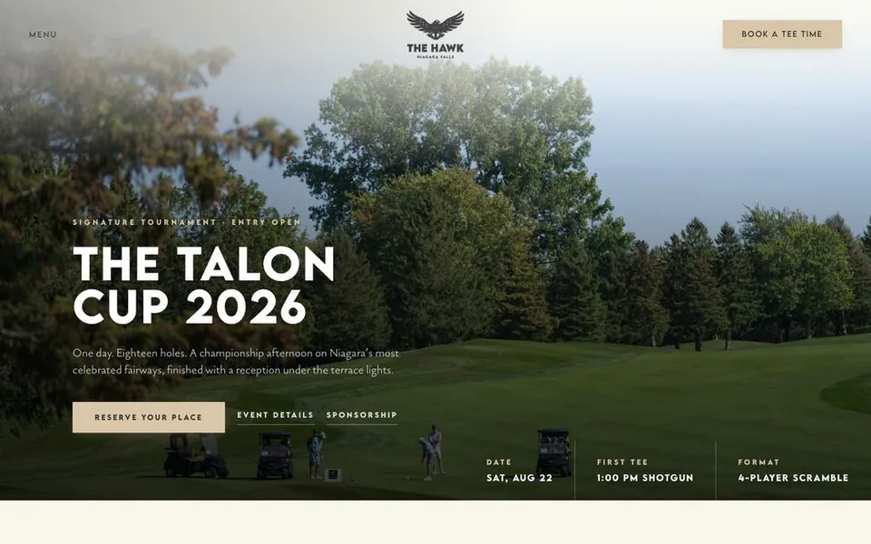 The Talon Cup ticketing page, bold uppercase headline over a tree-lined fairway